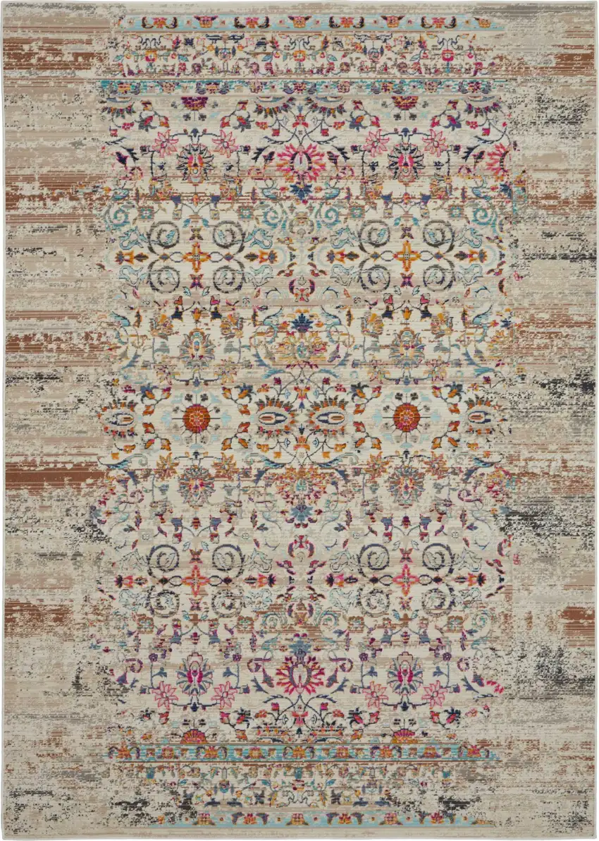 Ivory And Brown Floral Distressed Area Rug Photo 2
