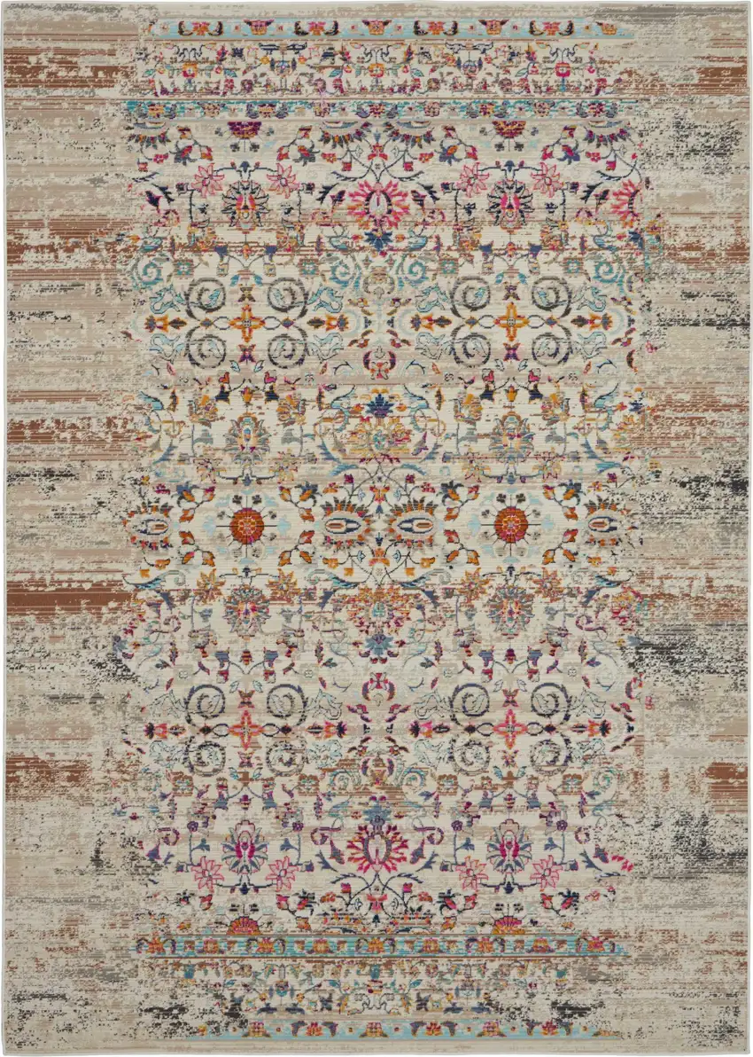Ivory And Brown Floral Distressed Area Rug Photo 1