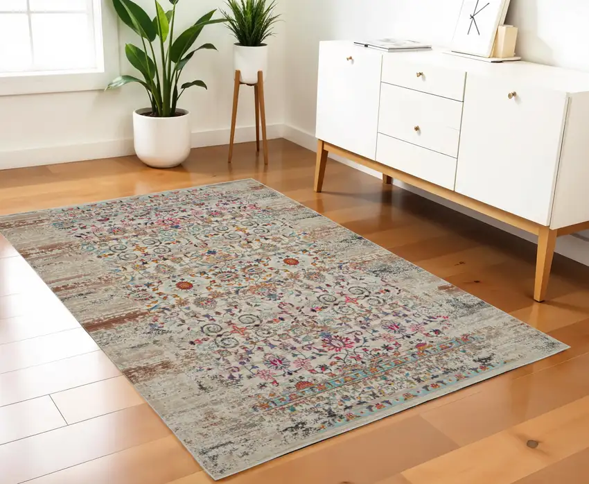 Ivory And Brown Floral Distressed Area Rug Photo 1