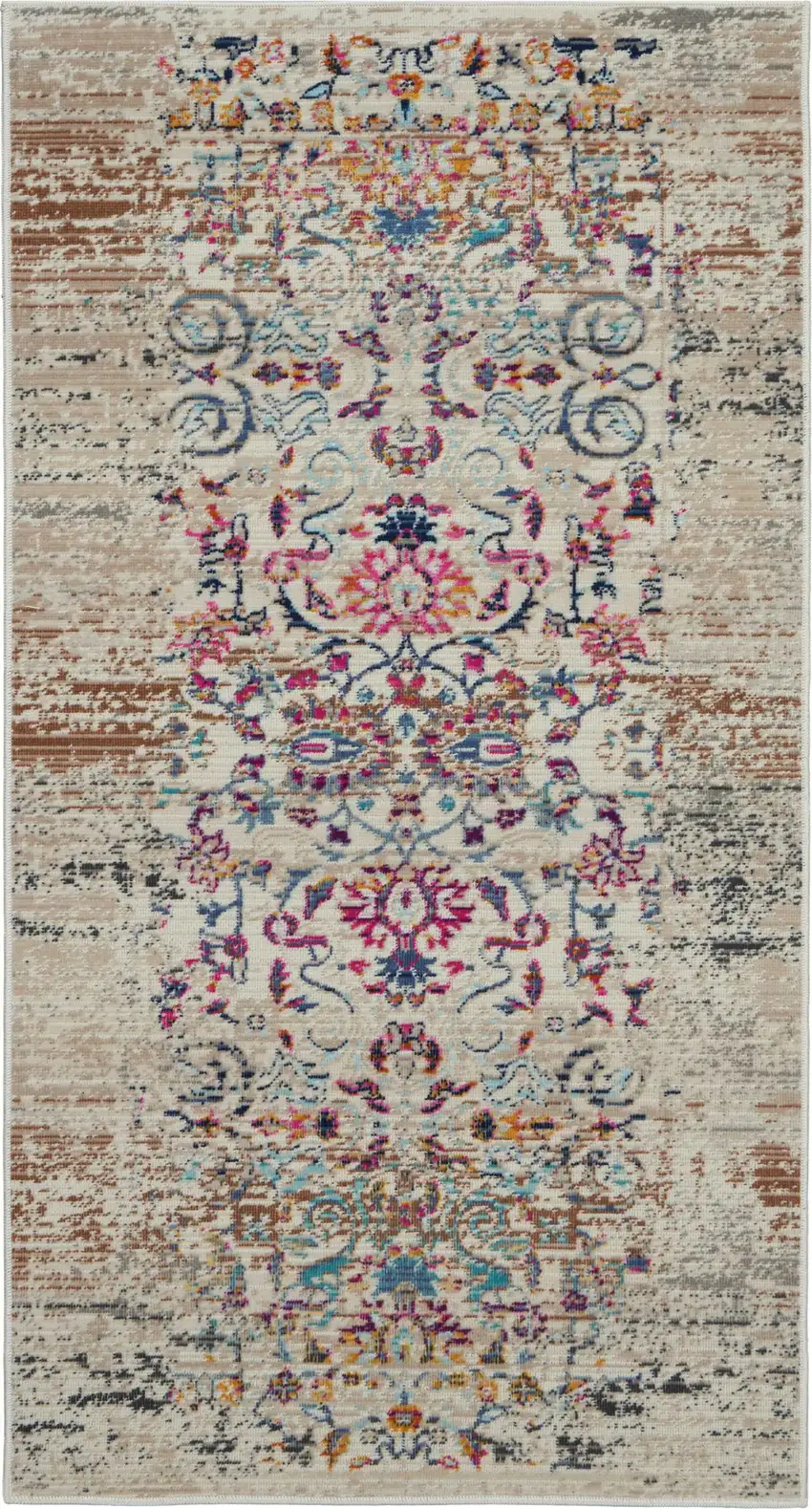 Ivory And Brown Floral Distressed Area Rug Photo 1