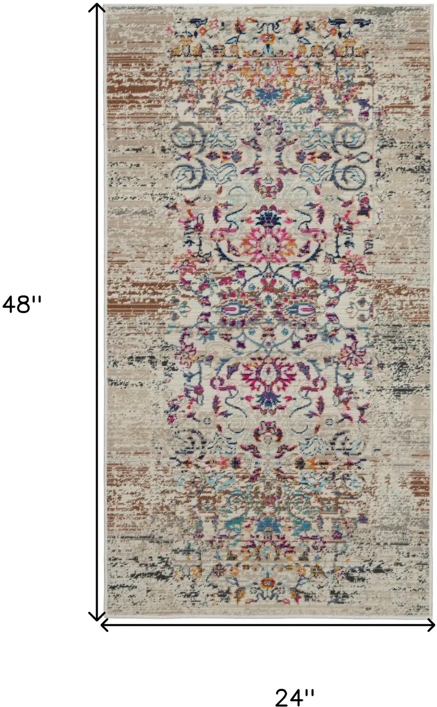 Ivory And Brown Floral Distressed Area Rug Photo 3