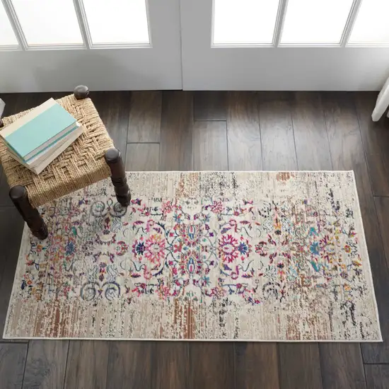 Ivory And Brown Floral Distressed Area Rug Photo 3