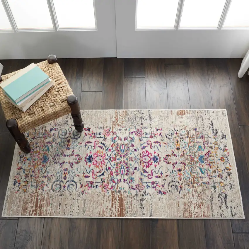 Ivory And Brown Floral Distressed Area Rug Photo 3