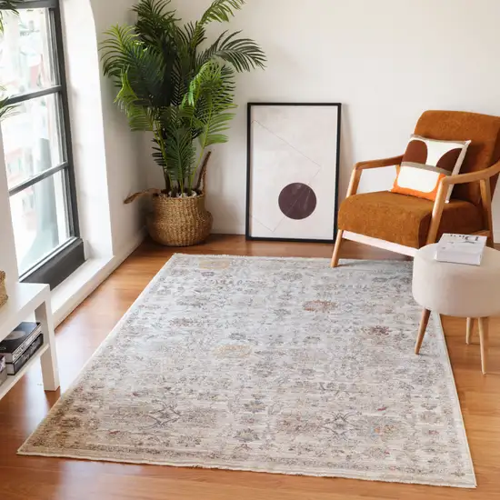 Ivory And Brown Floral Medallion Runner Rug With Fringe Photo 9