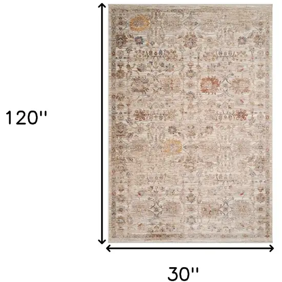 Ivory And Brown Floral Medallion Runner Rug With Fringe Photo 3
