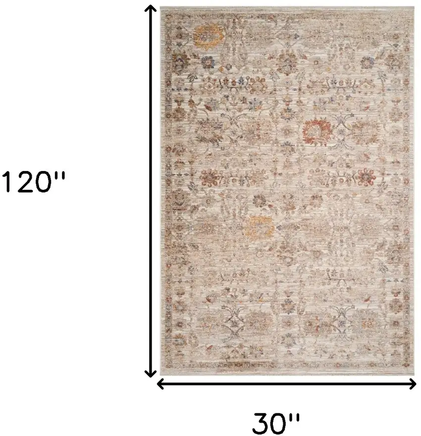 Ivory And Brown Floral Medallion Runner Rug With Fringe Photo 3