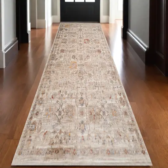 Ivory And Brown Floral Medallion Runner Rug With Fringe Photo 1