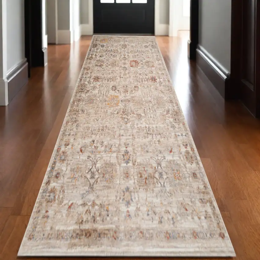 Ivory And Brown Floral Medallion Runner Rug With Fringe Photo 1