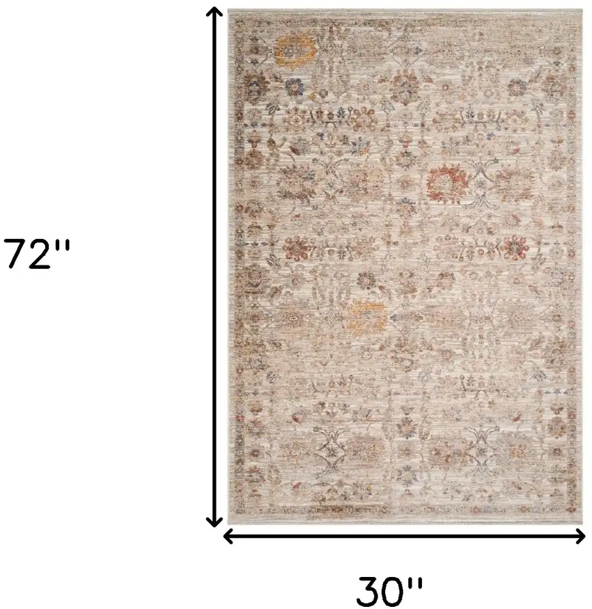 Ivory And Brown Floral Medallion Runner Rug With Fringe Photo 3