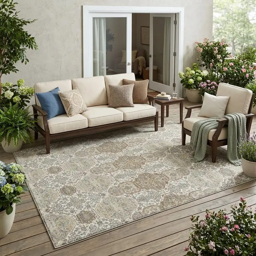 Ivory And Brown Floral Washable Indoor Outdoor Area Rug Photo 1