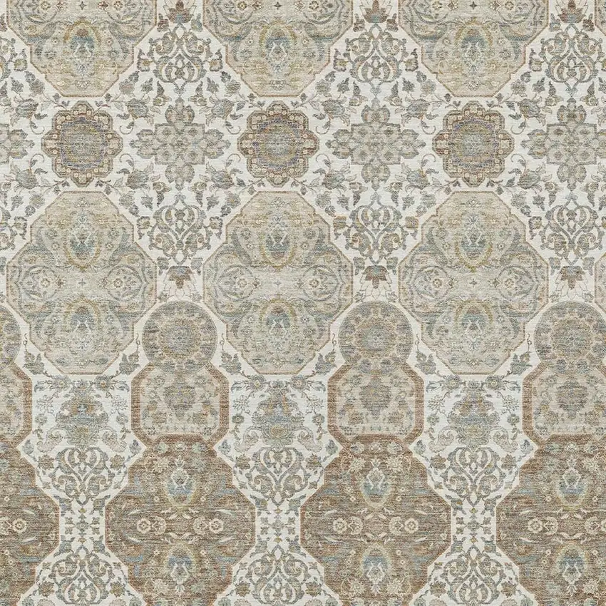 Ivory And Brown Floral Washable Indoor Outdoor Area Rug Photo 3