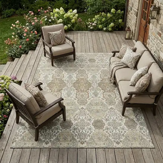 Ivory And Brown Floral Washable Indoor Outdoor Area Rug Photo 1