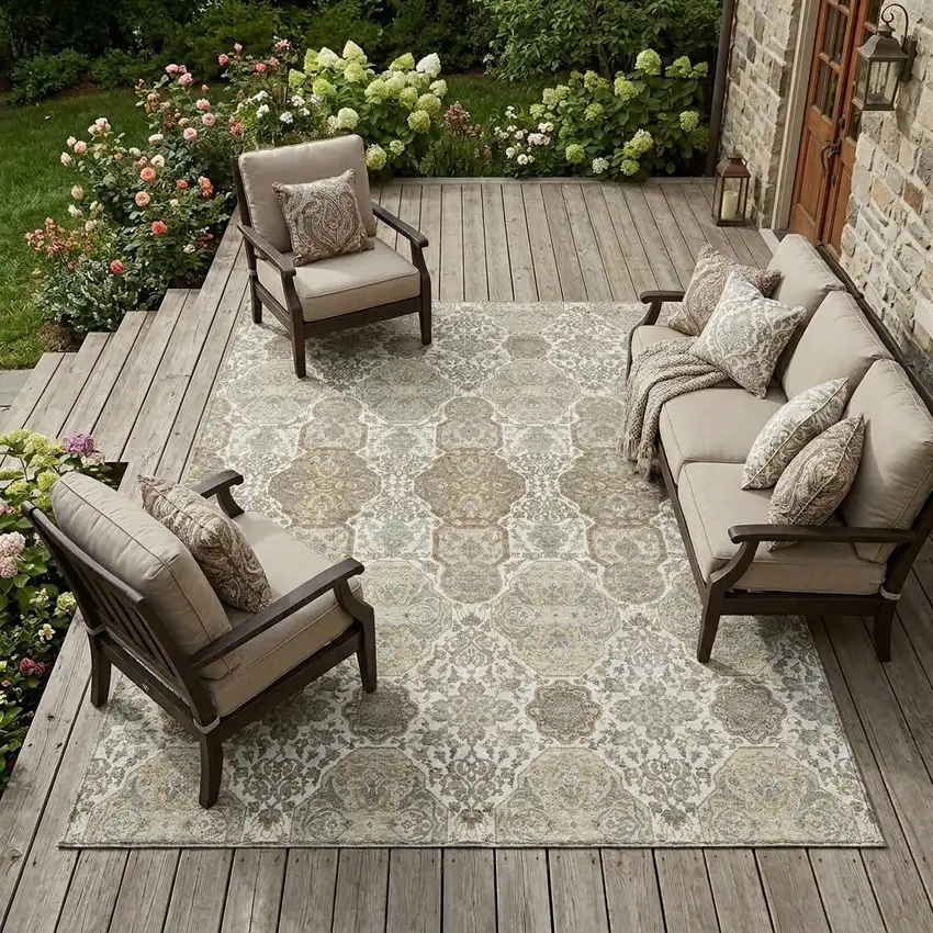 Ivory And Brown Floral Washable Indoor Outdoor Area Rug Photo 1