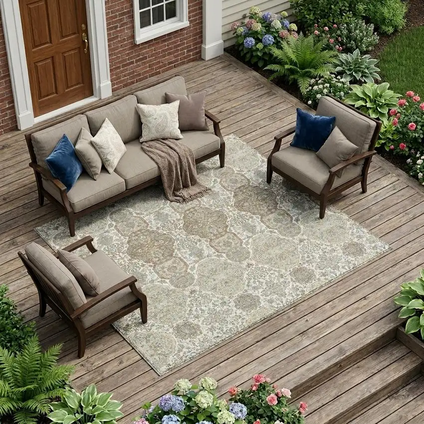 Ivory And Brown Floral Washable Indoor Outdoor Area Rug Photo 1