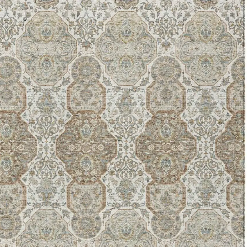 Ivory And Brown Floral Washable Indoor Outdoor Area Rug Photo 3