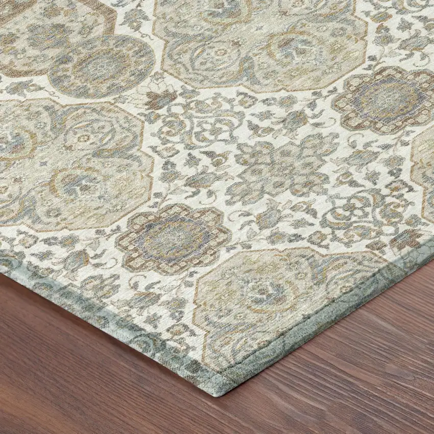 Ivory And Brown Floral Washable Indoor Outdoor Area Rug Photo 5