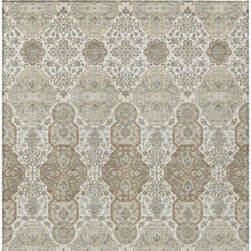 Ivory And Brown Floral Washable Indoor Outdoor Area Rug Photo 4