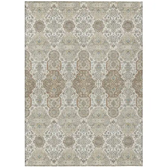Ivory And Brown Floral Washable Indoor Outdoor Area Rug Photo 2