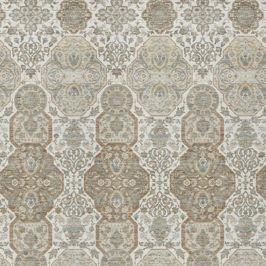 Ivory And Brown Floral Washable Indoor Outdoor Area Rug Photo 3