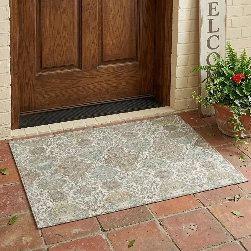 Ivory And Brown Floral Washable Indoor Outdoor Area Rug Photo 1