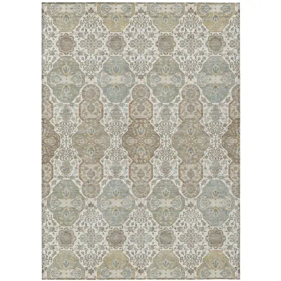 Ivory And Brown Floral Washable Indoor Outdoor Area Rug Photo 2