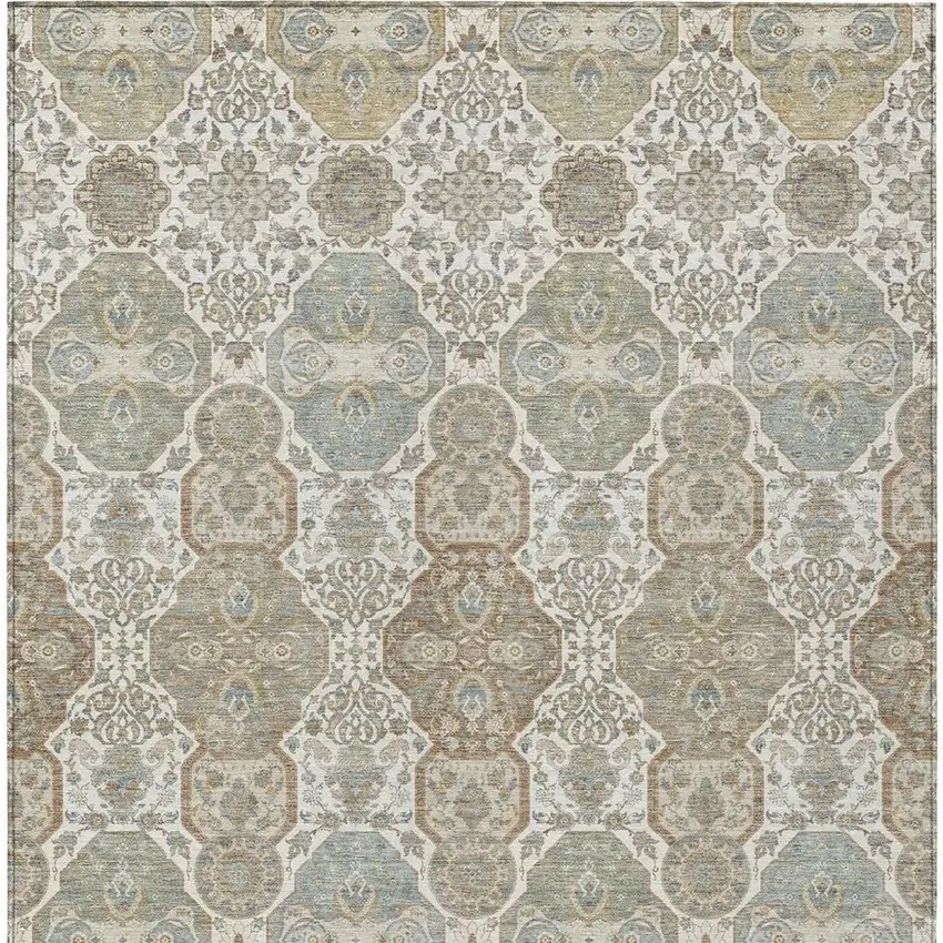 Ivory And Brown Floral Washable Indoor Outdoor Area Rug Photo 4