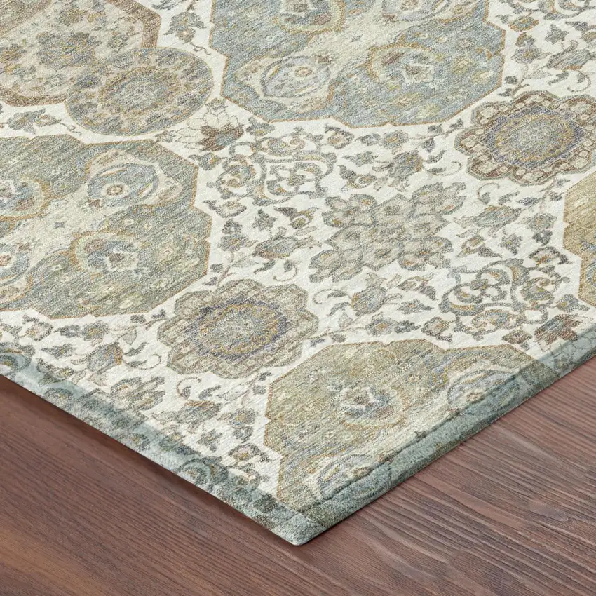 Ivory And Brown Floral Washable Indoor Outdoor Area Rug Photo 5