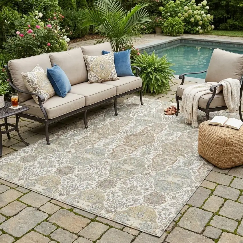 Ivory And Brown Floral Washable Indoor Outdoor Area Rug Photo 1