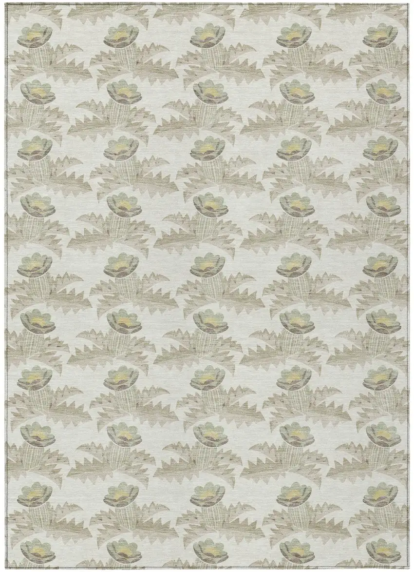 Ivory And Brown Floral Washable Indoor Outdoor Area Rug Photo 2