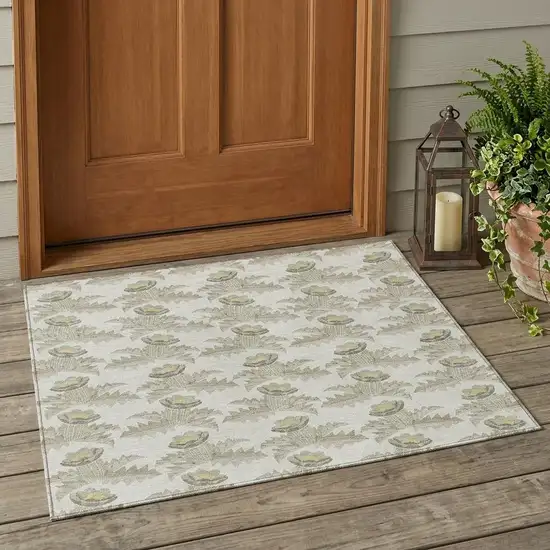 Ivory And Brown Floral Washable Indoor Outdoor Area Rug Photo 1