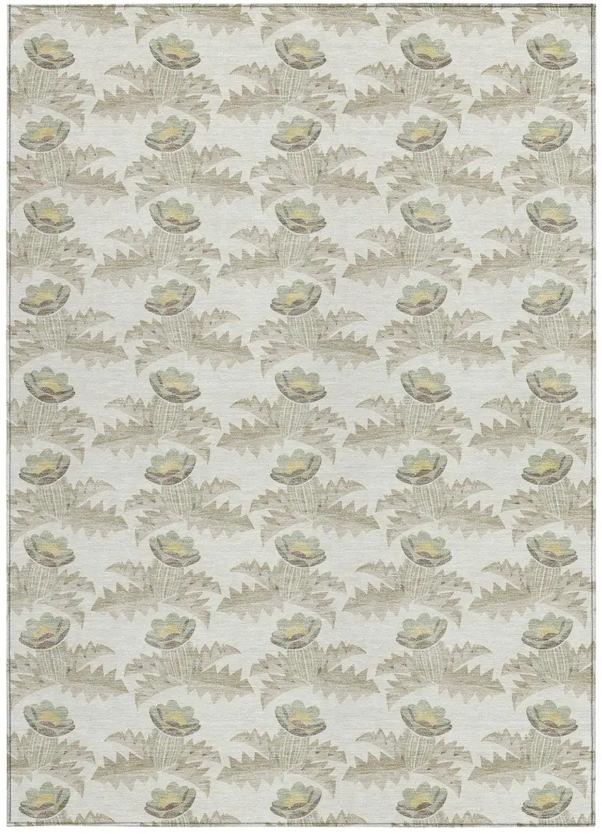 Ivory And Brown Floral Washable Indoor Outdoor Area Rug Photo 3