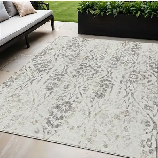 Ivory And Brown Floral Washable Indoor Outdoor Area Rug Photo 1