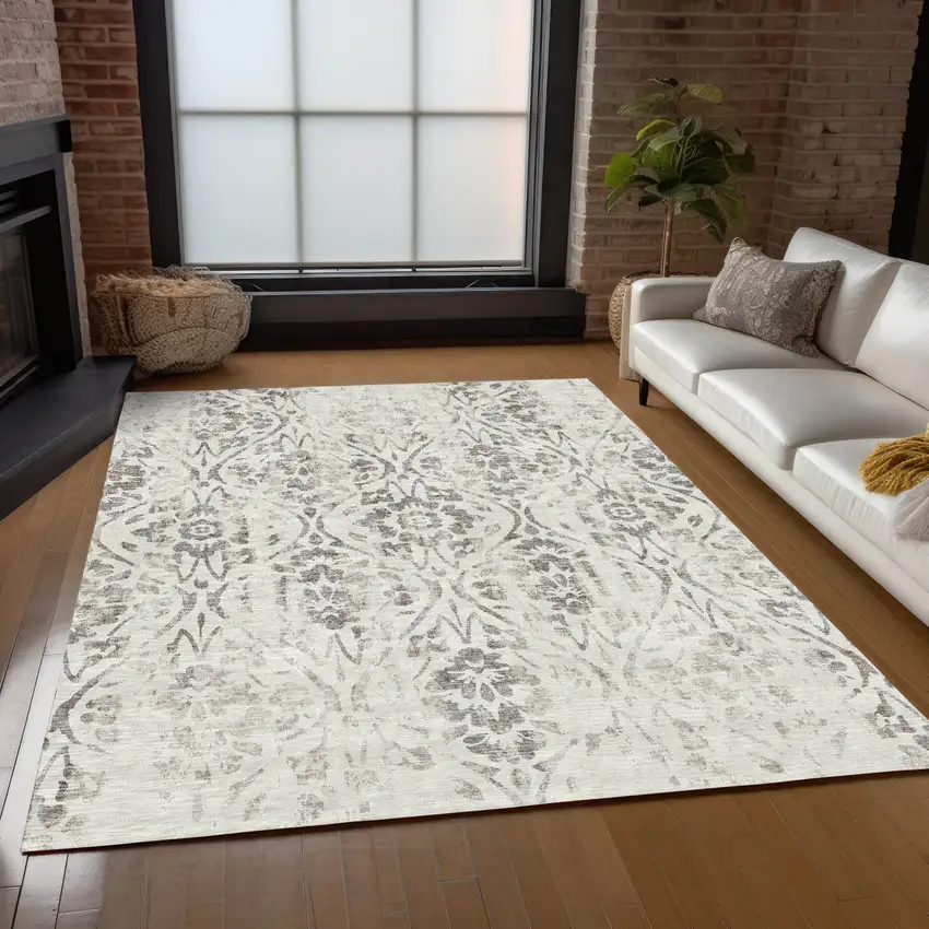 Ivory And Brown Floral Washable Indoor Outdoor Area Rug Photo 9