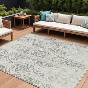 Photo of Ivory And Brown Floral Washable Indoor Outdoor Area Rug