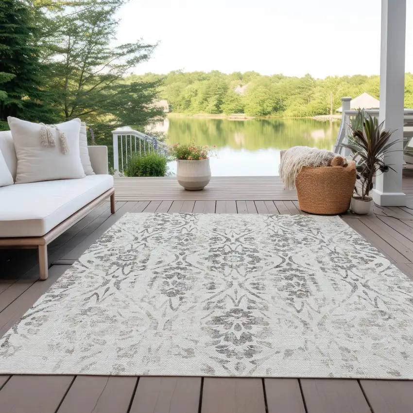 Ivory And Brown Floral Washable Indoor Outdoor Area Rug Photo 8