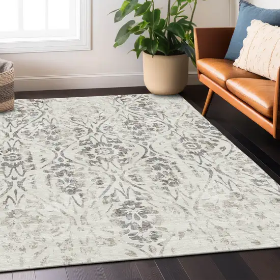 Ivory And Brown Floral Washable Indoor Outdoor Area Rug Photo 9