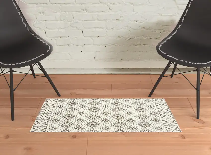 Ivory And Brown Geometric Shag Power Loom Stain Resistant Area Rug Photo 2