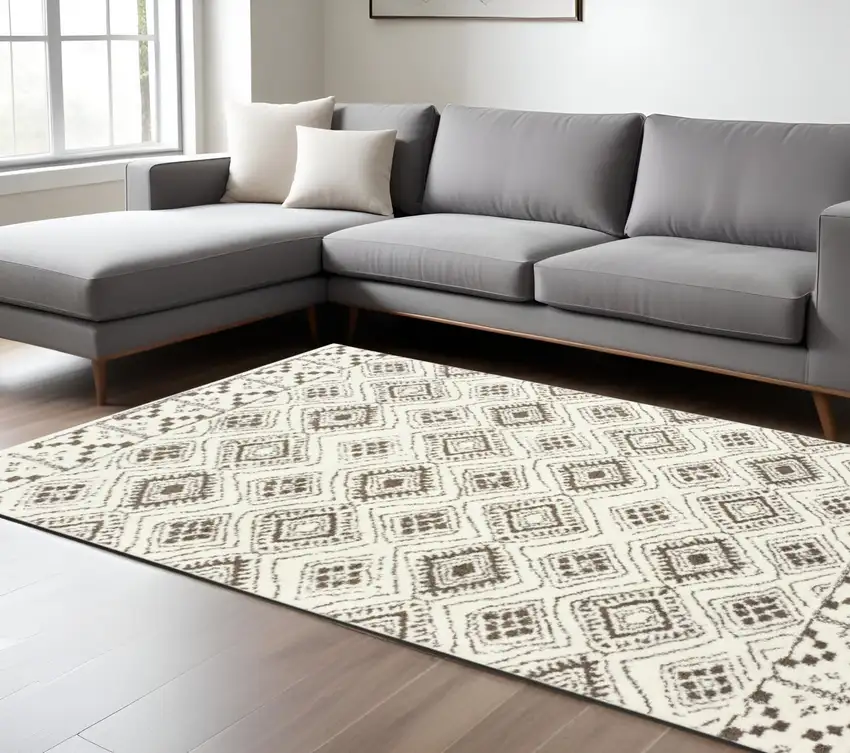 Ivory And Brown Geometric Shag Area Rug Photo 1