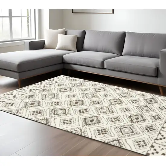 Ivory And Brown Geometric Shag Power Loom Stain Resistant Area Rug Photo 1