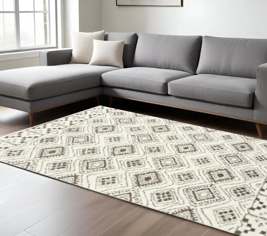 Ivory And Brown Geometric Shag Power Loom Stain Resistant Area Rug Photo 1