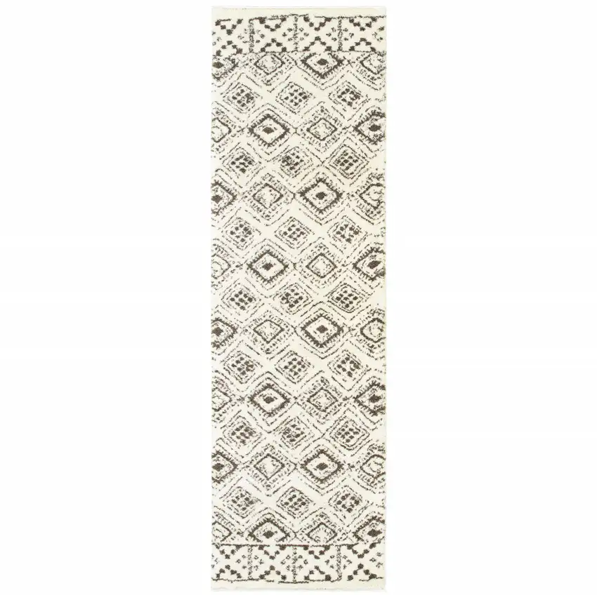 Ivory And Brown Geometric Shag Power Loom Stain Resistant Runner Rug Photo 1