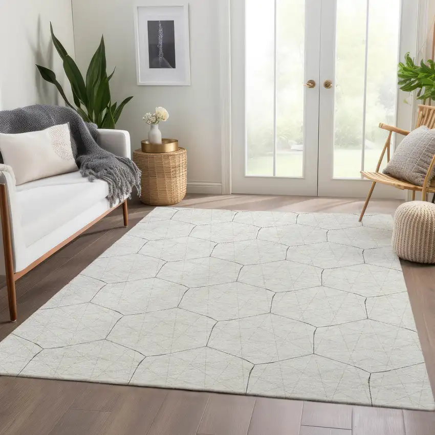 Ivory And Brown Geometric Washable Area Rug With UV Protection Photo 5