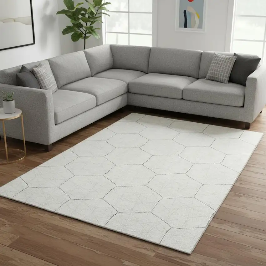 Ivory And Brown Geometric Washable Area Rug With UV Protection Photo 2