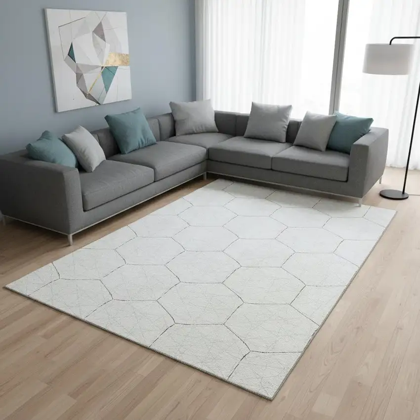 Ivory And Brown Geometric Washable Area Rug With UV Protection Photo 2