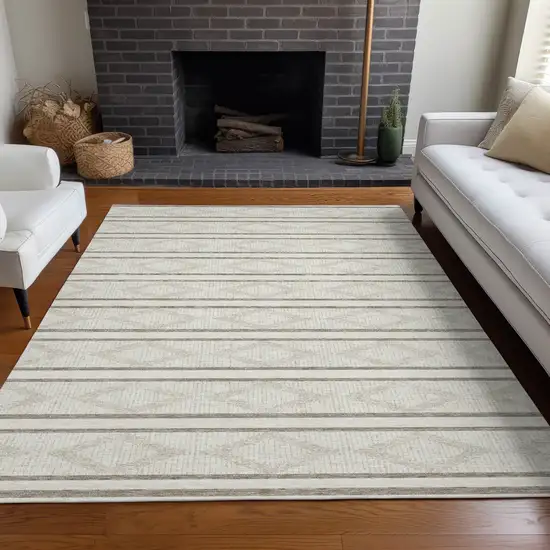 Ivory And Brown Geometric Washable Indoor Outdoor Area Rug Photo 9