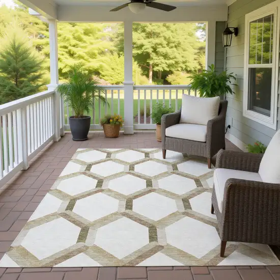 Ivory And Brown Geometric Washable Indoor Outdoor Area Rug Photo 9
