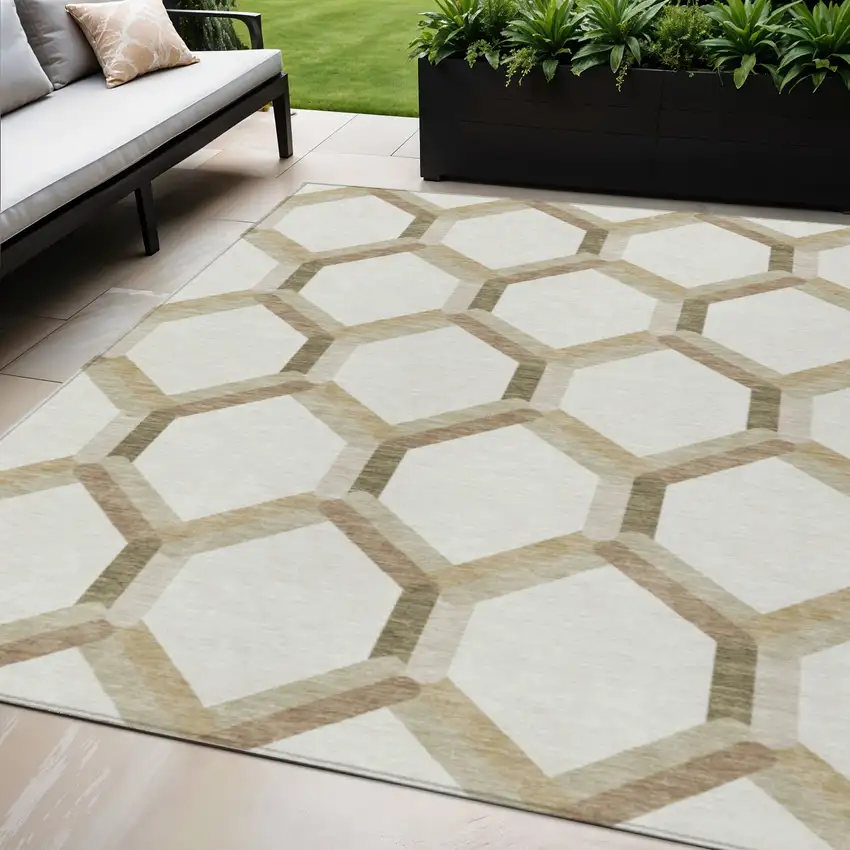Ivory And Brown Geometric Washable Indoor Outdoor Area Rug Photo 1