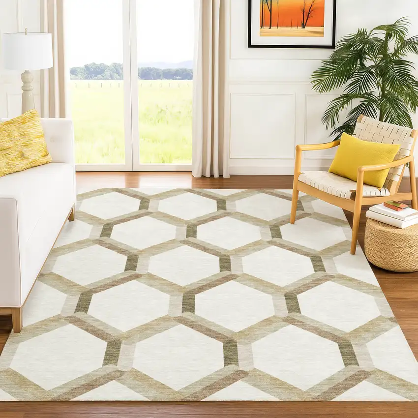 Ivory And Brown Geometric Washable Indoor Outdoor Area Rug Photo 9