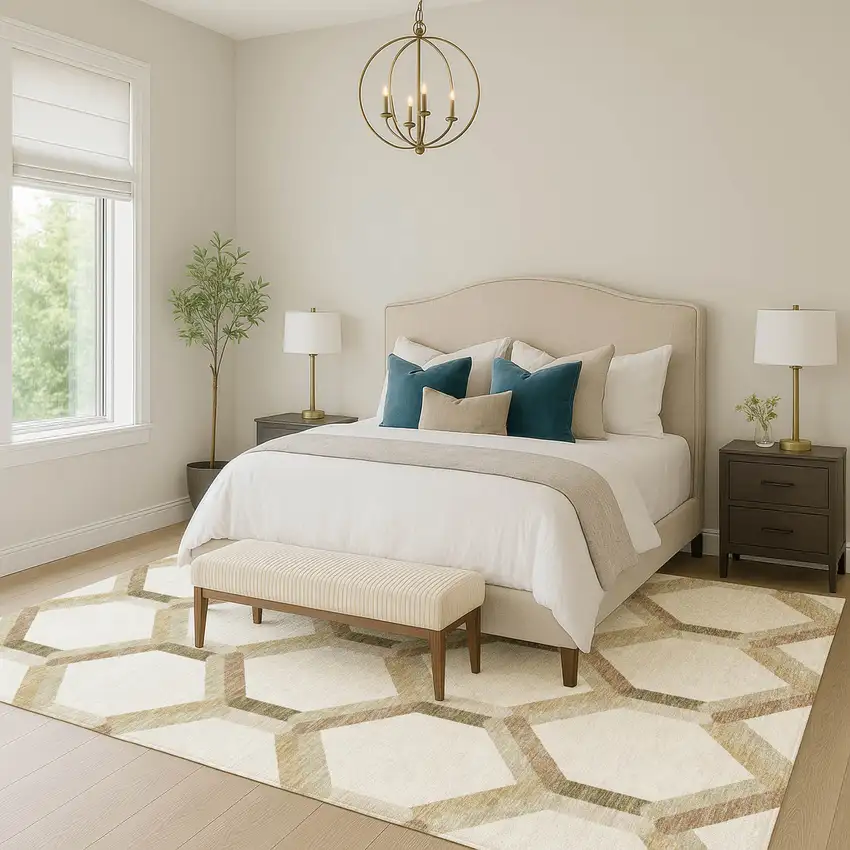 Ivory And Brown Geometric Washable Indoor Outdoor Area Rug Photo 9