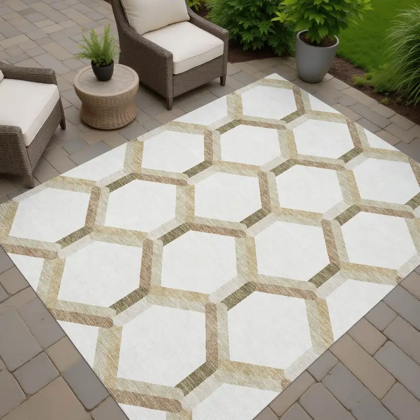 Ivory And Brown Geometric Washable Indoor Outdoor Area Rug Photo 8